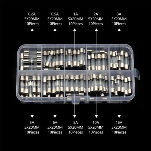 100Pcs 0.2A/0.5A/2A/3A/5A/6A/8A/10A/15A Glass Tube Fuse Set 5x20mm Car Electrical Quick Blow Glass Fast-blow Fuses Kit