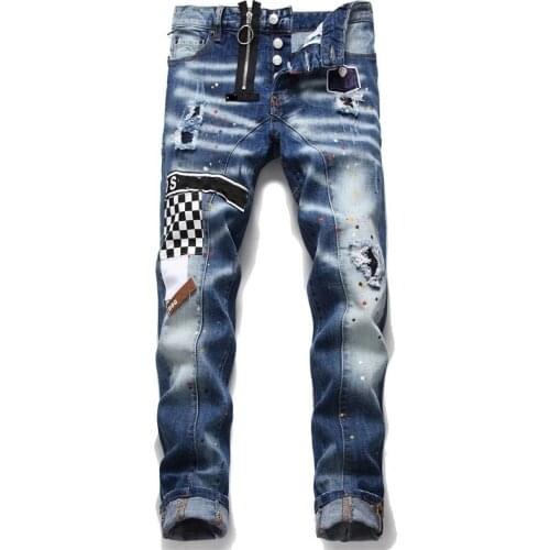 New Autumn Ragged-Paint Mens Slim Fit Cloth Elastic Jeans Blue Tight Beggar Pants Fashion Ripped Patchwork Denim Trousers