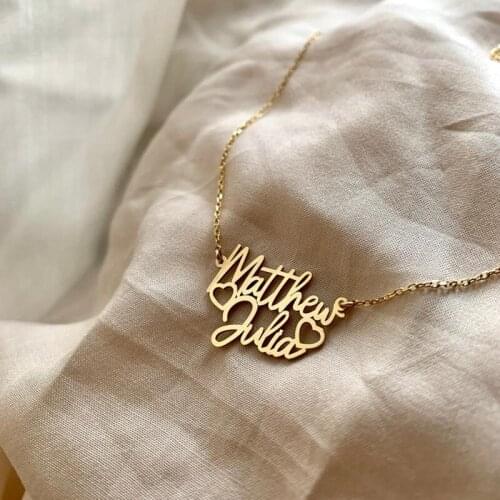 Double Heart Name Necklace Custom Jewelry Personalized Two Names Pendant Necklaces Boho Bijoux Femme Mothers Day Gift