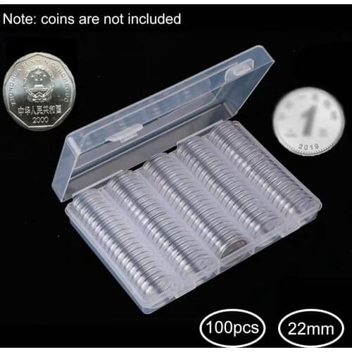 Clear Coin Storage Box 100 Pcs 22mm Coin Capsules Round Holder Container Acrylic Gasket Organizer Coin Collection Display Case