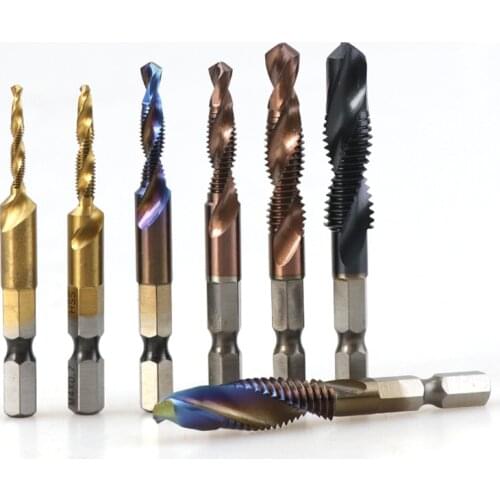 6PCS Hex Shank Compound Tap Titanium Plated HSS Screw Thread Metric Tap Drill Bits Screw Machine M3 M4 M5 M6 M8 M10 Hand Tools