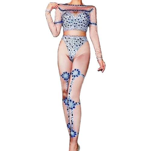Rhinestones Personality Pattern Printing Tights Jumpsuit Long Sleeve Backless Rompers Nightclub Performance Show Wear Women