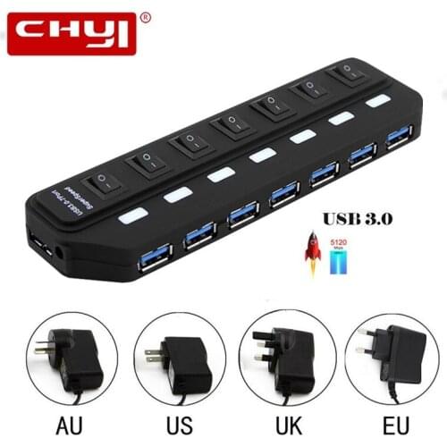 USB 3.0 HUB Computer Accessories Multi 7 High Speed Ports With Switch All in one USB Hab Splitter With US UK EU AU Power Adapter