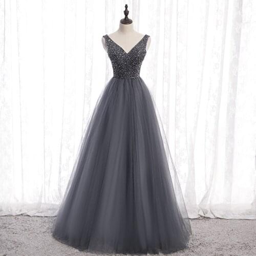 Gorgeous Gray Evening Dresses Sparking Beading Sequins Long Prom Dress lace-up Back