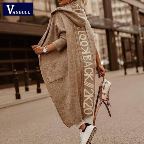 Vangull Hooded Knitted Cardigan Women Letters Splicing Loose Sweater Full Sleeves Autumn New Streetwear Mid-Long Female Sweater