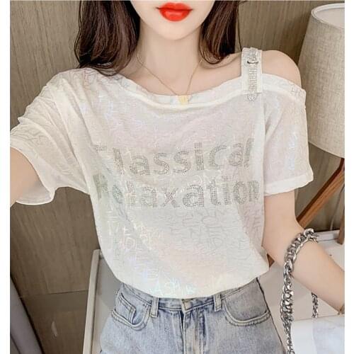 GGRIGHT Summer Diamonds Female T-Shirt 2021 Off Shoulder Print O-Neck Cotton Tshirt Women Casual Short Sleeve Lady Tops Tees