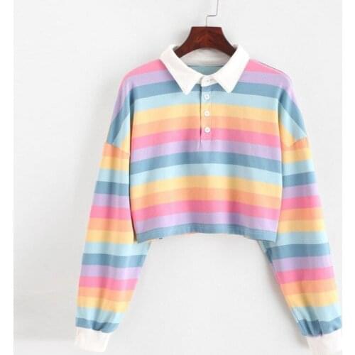 2020 Polo Shirt Women Sweatshirt Long Sleeve Rainbow Color Ladies Hoodies With Button Striped Korean Style Sweatshirt Women
