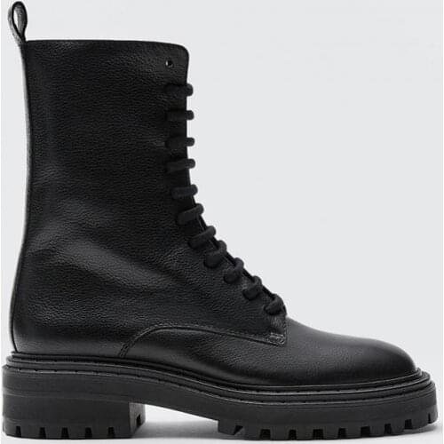 British Style Womens Shoes Genuine Leather Flats Martin Boots Casual Comfortable Side Zipper Lace-up Mid-calf Short Boot Botas