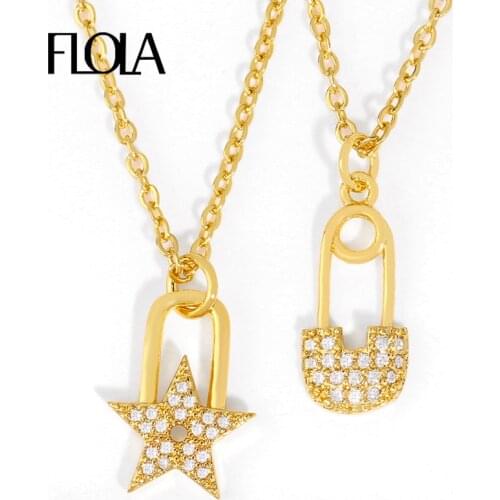 FLOLA Cubic Zirconia Padlock Pendant Necklaces For Women Crystal Safety Pin Star Locket Necklace New Design Jewelry Gifts nkeq91