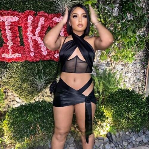 2Pcs Women Summer Outfit Solid Color Sheer Hollow Backless Crop Tops + Irregular Strappy Skirt for Girls, Black