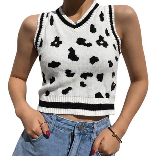 Women’s Knitted Sweater Vest, Stylish Cow Print Sleeveless Pullover Slim Fit Crop Tank Top