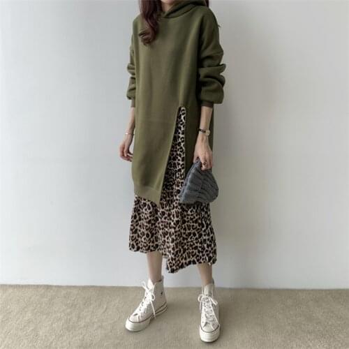 New 2021 Women Autumn Winter Dresses Patchwork Fake Two Pieces Leopard Vintage Oversized Hooded Long Dresses