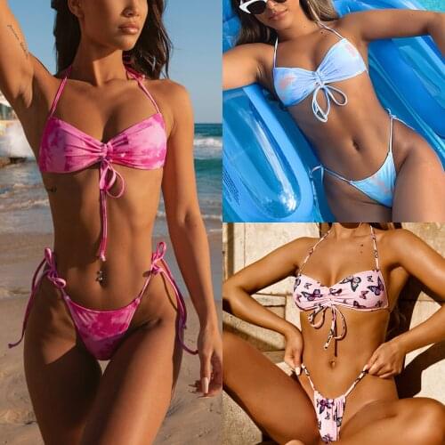 Womens Sexy Butterfly Printing Bikini Sleeveless Halter Tops Briefs Swimsuit Classic Bare Lace-Up Two-Pieces Set Casual Fashion