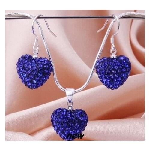 4 set/lot multicolor mixed Heart set silver plated drop earrings Necklace Pendant 16 inch Snake Chains u4534 crystal