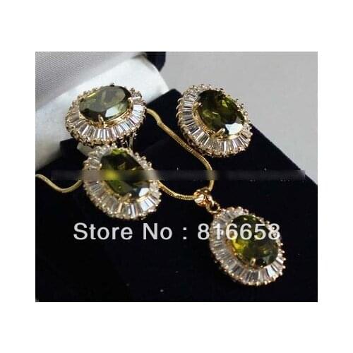 Free shipping@@ Inlay Peridot Earrings/Ring/ Necklace Pendant Set AAA
