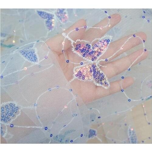 Illusion Butterfly Lace Fabric Sequined Embroidered Pink/Black/Gray Tulle Fabric Bridal Gowns By The Yard 51" Wide