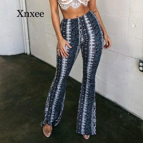 New Boho Summer Womens Stretch Bell Bottom Trousers Ladies Slim Printed Flared Pants High Waist Fashion Women Long Pants