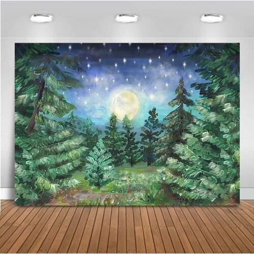 Photography backdrop Moon Star Pine Forest Oil painting Style Background for photo studio newborn baby decoration photocall prop