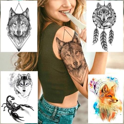 Geometric Rhombus Wolf Temporary Arm Tattoos For Men Women Fake Scorpion Tattoo Sticker Waterproof Dreamcatcher Body Art Tatoos