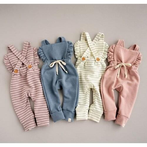 2020 0-3Y Newborn Baby Kid Girl One-piece Romper Clothes Babies Stripe Ruffle Overalls Rompers Sunsuit Home Outfit 4 Colors