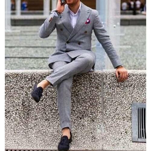 ANNIEBRITNEY Grey Linen Mens Suits with Pants Double Breasted Men Classic Business Suits Peaked Lapel Slim Fit Groom Tuxedo Set