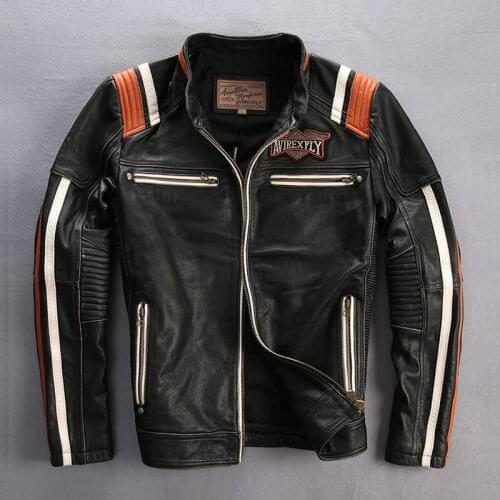 Male genuine cow leather motorcycle rider jacket vintage stand collar embroidery leather motorcycle rider cowhide leather jacket