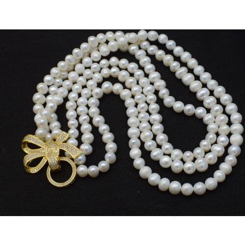 Natural zircon clasp 3rows freshwater white pearl near round 7-8mm necklace 18-20" nature beads