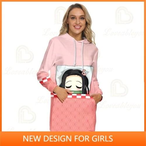 New Demon Slayer 3D Printing Cute Long Hooded Hoodie Dress Women Spring Autumn Hoody Pullover Support Dropshipping