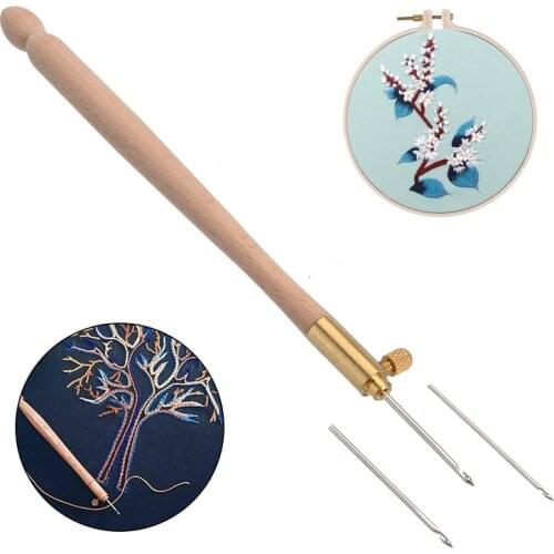 Embroidery Beading Tambour Hoop French Crochet Hook Metal Sewing Tool DIY Wooden Handle Knitting Tools + 0.7mm 1mm 1.2mm Needles