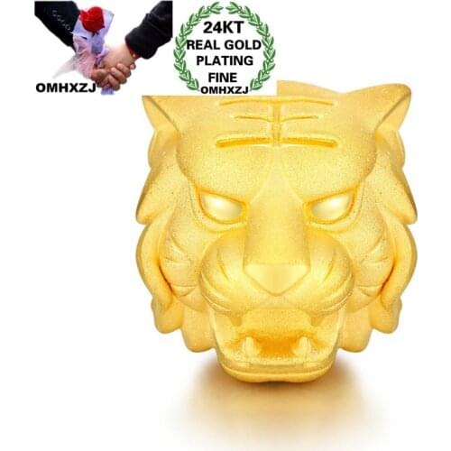 OMHXZJ Wholesale CA357 European Fashion Fine Woman Man Party Birthday Wedding Gift Tiger Head Beads DIY 24KT Gold Pendant Charm
