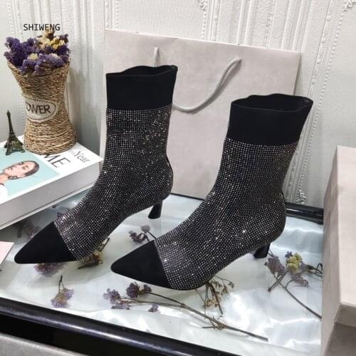 2021 Autumn Women Mid-calf Boots Fashion Pointed Toe Elegent Lady Thin High Heel Boots Crystal Office/party Socks Boots