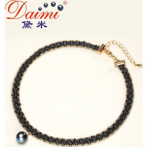 DAIMI 9-10mm Round Tahiti Black Pearl Necklace Choker Sea Pearl Clavicle Necklace Female