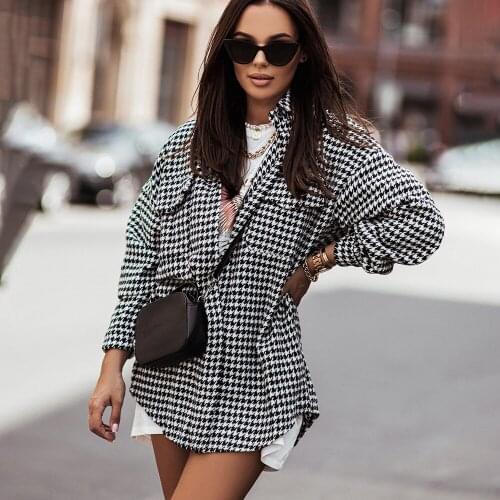 Casual Loose Plaid Shirt Blouse Women Fall Long Sleeve Streetwear Clothing Black Button Jacket Houndstooth Shirt Coat Top Femme