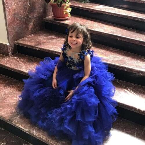 Lovely Blue Ruffles Tier Infant Party Dresses O Neck 3D Flower Layered Skirt Little Girls Communion Gowns