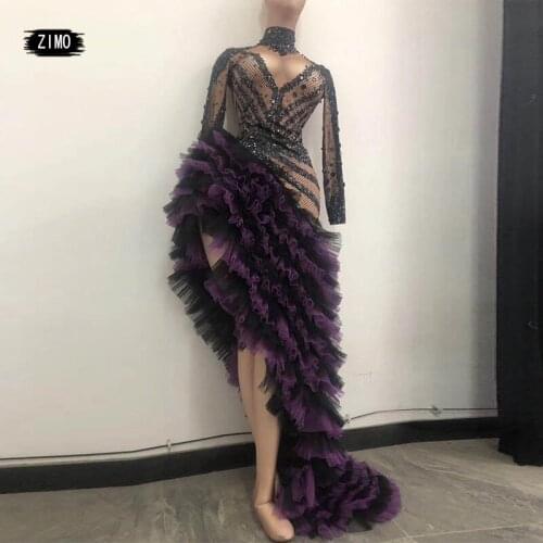 Luxury Rhinestone Purple Dress birthday Sexy Crystal Dress Wedding Party club Asymmetric Pleated Stage Performance Dance Costume