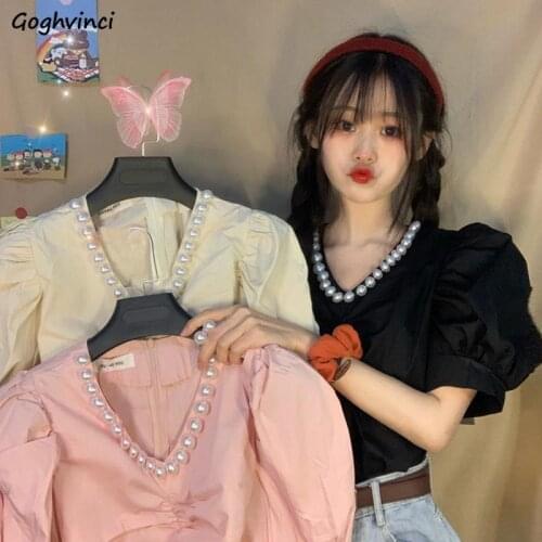 Shirts Women V-neck Beading Puff Sleeve Solid Designer French Style Lovely Sweet Fashion Chic Ulzzang Streetwear Daily Females