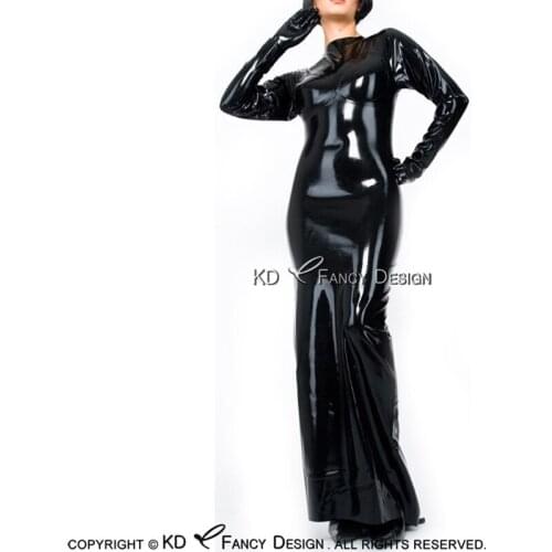 Black Long Sleeves Sexy Latex Dress With High Collar Zipper Back Rubber Gown Bodycon Playsuit LYQ-0042