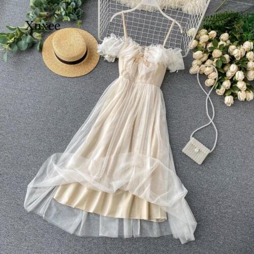 Sexy Off Shoulder Lace Up Strapless Women Dress Sweet Mesh Patchwork Drawstring Ruffle Camia Dresses Chic High Waist Vestidos