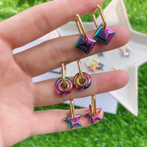 5Pairs Fashion Rainbow Star /Square /Circle Drop Earrings statement fashion earrings trend 2021 Small Hoop jewelry designer