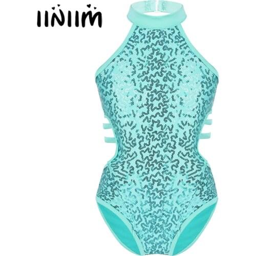 Iiniim Kids Teen Dancewear Costumes Ballerina Performance Sequins Cutouts Back Ballet Dance Class Gymnastics Leotard for Girls