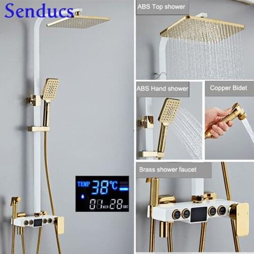 Black white Hot Cold Thermostatic Digital Bathroom Shower Set of 4 Modes Round Button Brass Copper Bath Bidet Shower System