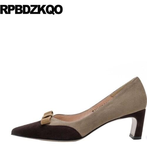 Vintage brand designer shoes women medium heels size 4 34 suede multi colored thick ladies block pumps chic pointed toe bow high
