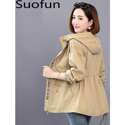 Suofun Double Layer Lining Windbreaker Womens 2021 New Fashion Spring And Autumn Waist Loose Casual Korean Hooded Jacket Women