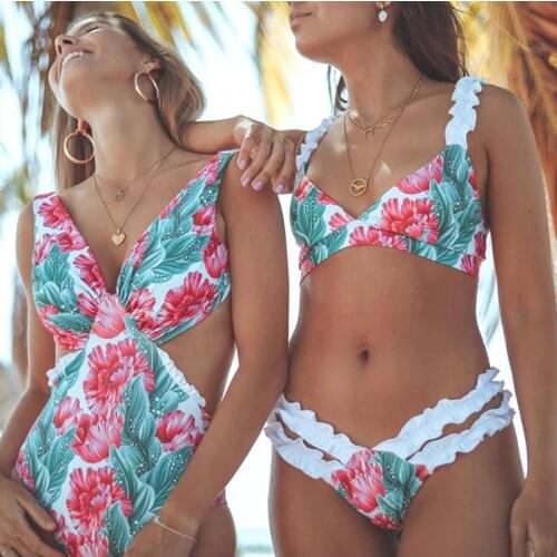 V-neck Bikinis Summer Printing Swimming Suits For Womens 2 Piece Set Bandage Mini Swim Bikinis High Cut See Through Swimsuits