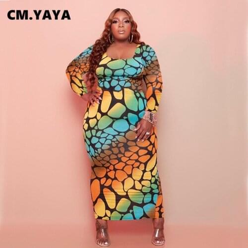 CM.YAYA Women Plus Size Dress Print Full Sleeve O-neck Skinny Pencil Long Maxi Dresses Fashion Vestidos Casual Outfit Autumn