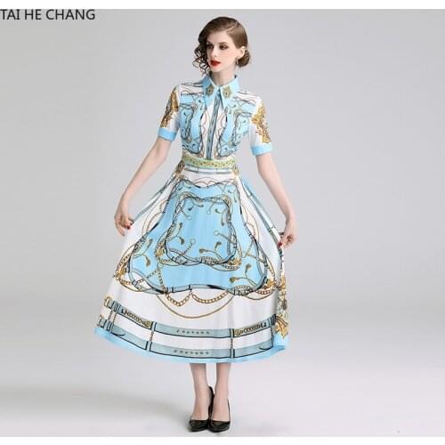 Women Dress Summer Spring Elegant Bodycon Vintage Party Runway Casual Print Short Sleeve Maxi A-line Shirt Office Work Dresses