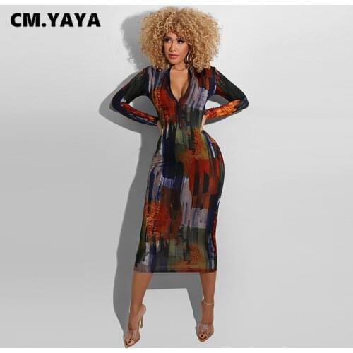 CM.YAYA Women Plus Size S-5XL Painted Tie Dye Print Bodycon Midi Maxi Dress Club Party Pencil Long Dresses 2021 Sping Winter