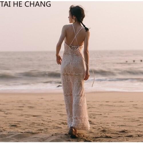 2019 Women Dress New Fashion Summer Elegant Slim Party Beach Runway Sexy Backless White Lace Casual Long Maxi Dresses