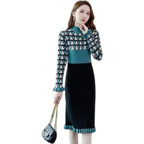 Color block Half Turtleneck Sweater Dress Women Long Sleeved Slim Pull Jumper Knit Dress Elegant Ladies Party Dresses Vestidos