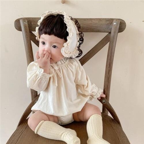 2021 Autumn Newborn Baby Girl Bodysuit Solid Color Girls Cotton Clothes Infant Girls Long Sleeve Jumpsuit With Lace Headband